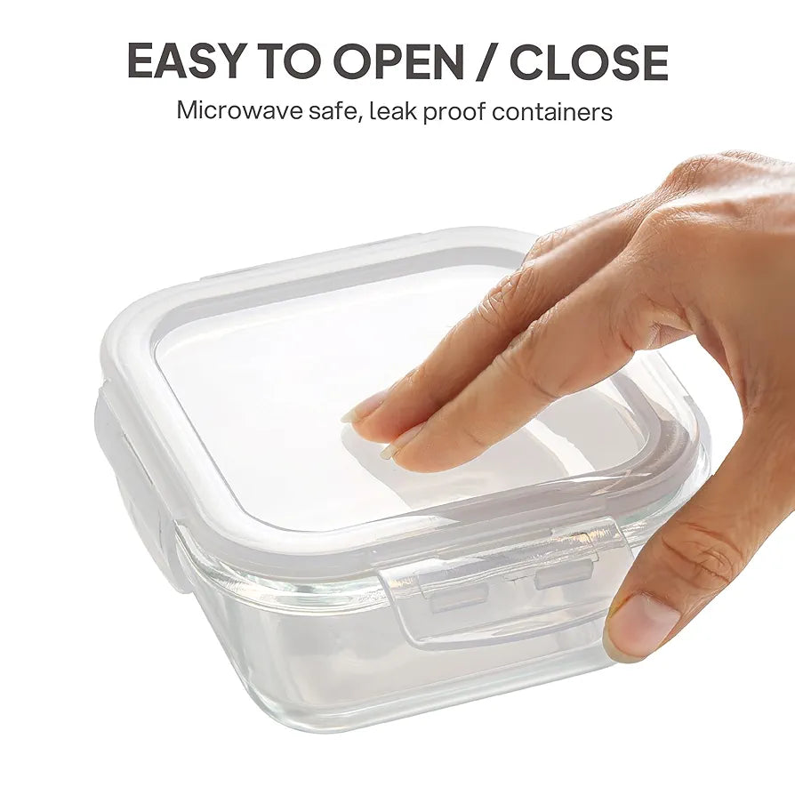 CELLO Glassy Square Lunch Box Set of 4 , Clear | Leak-Proof Toughened Microwavable Glass | Perfect Lunch Box Set for Office, School & College